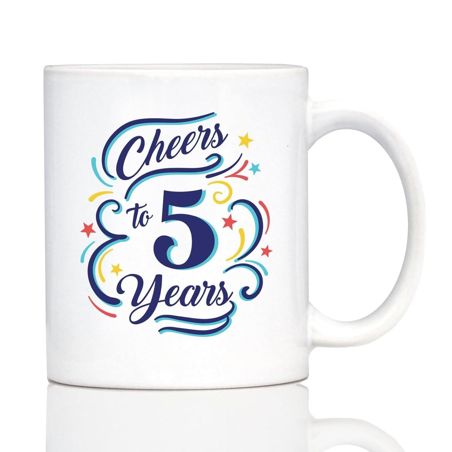 Tailorly White Ceramic 11 oz Mug - Cheers To 5 Years Colorful Swirls And Vibrant Stars Around A Large Decorative Number Five Mug