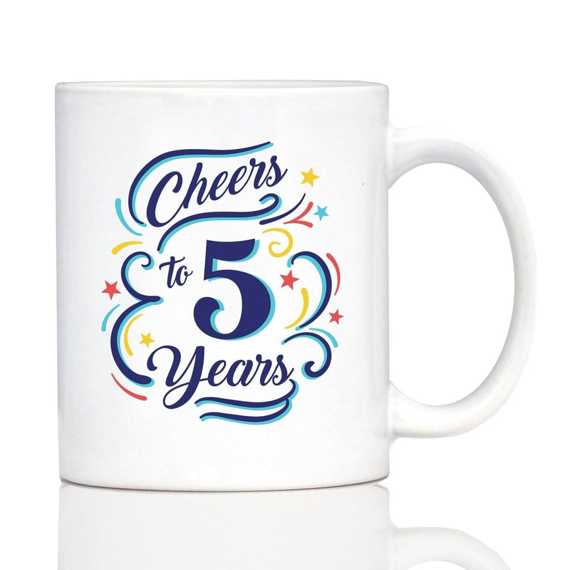 Tailorly White Ceramic 11 oz Mug - Cheers To 5 Years Colorful Swirls And Vibrant Stars Around A Large Decorative Number Five Mug