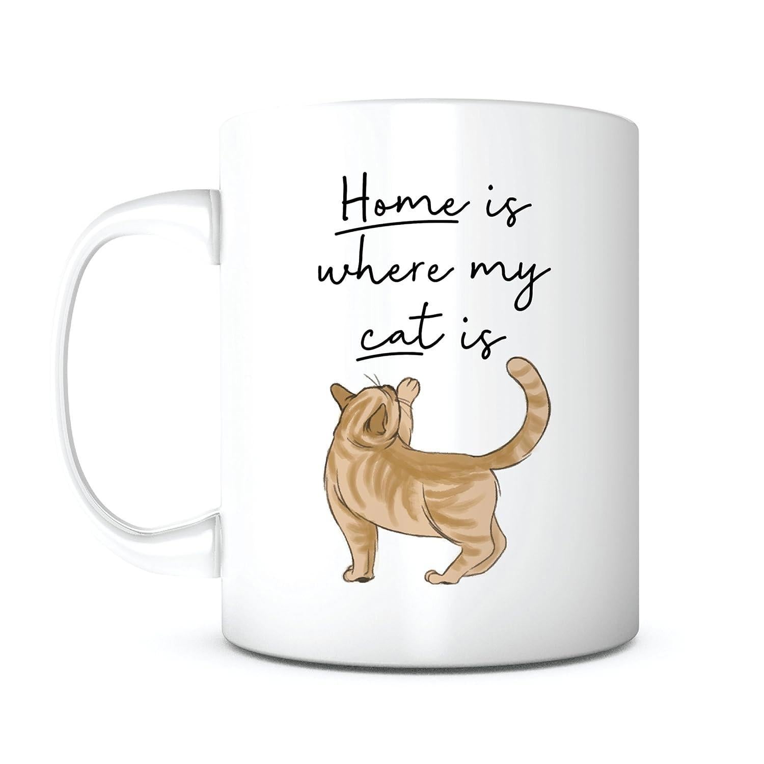 Tailorly White Ceramic 11 oz Mug - Home Is Where My Cat Is Hand Drawn Orange Striped Tabby In A Playful Standing Pose Cat
