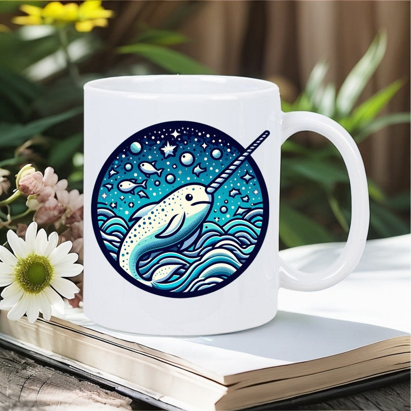 Tailorly White Ceramic 11 oz Mug - Charming Cartoon Sea Creature Swimming Among Stylized Ocean Waves Under Stars Narwhal