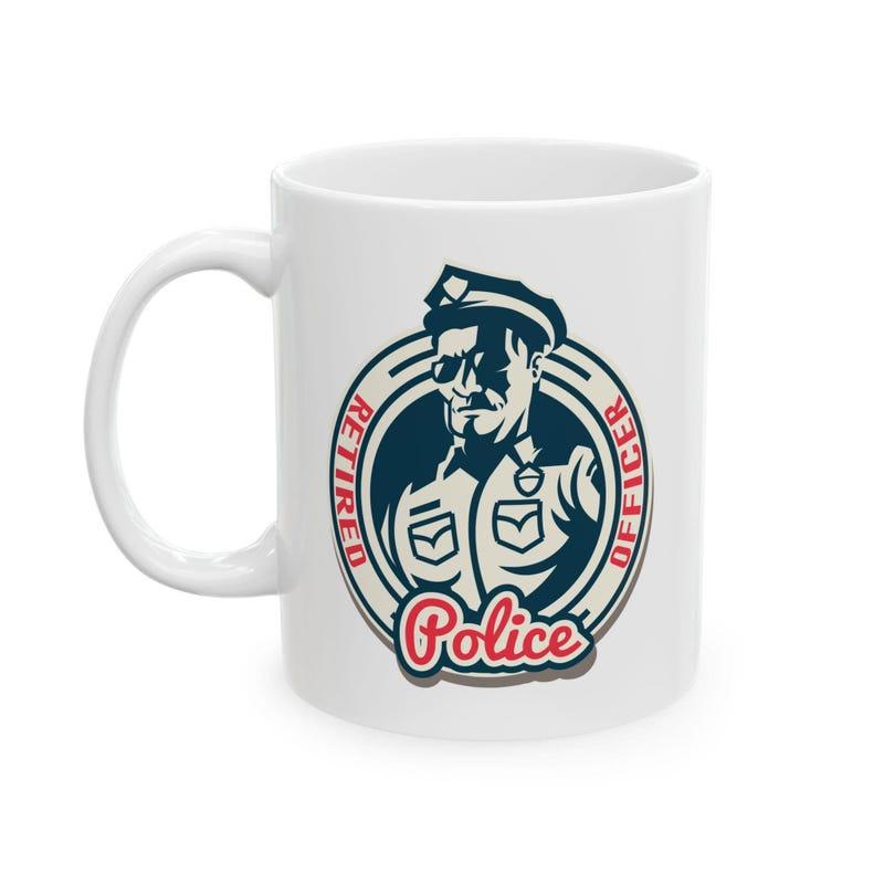 Tailorly White Ceramic 11 oz Mug - Retired Police Hero Brave Uniformed Officer Wearing Sunglasses Inside Circular Shield Design Officer