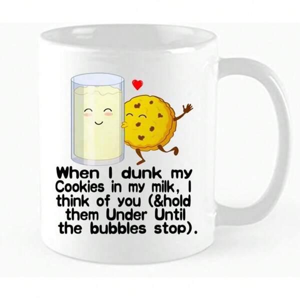 Tailorly White Ceramic 11 oz Mug - When I Dunk My Cookies In My Milk I Think Of You Hold Them Under Until The Bubbles Stop Smiling Cartoon Food Characters Hugging