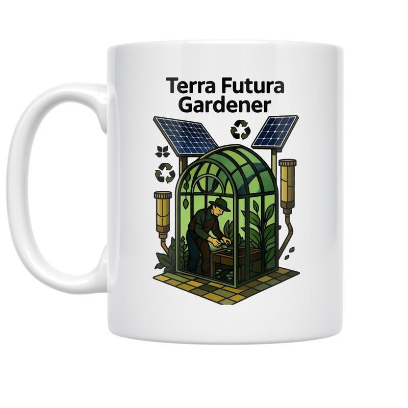 Tailorly White Ceramic 11 oz Mug - Terra Futura Gardener Sustainable Solar Panels Powering A Sustainable Future Garden Greenhouse