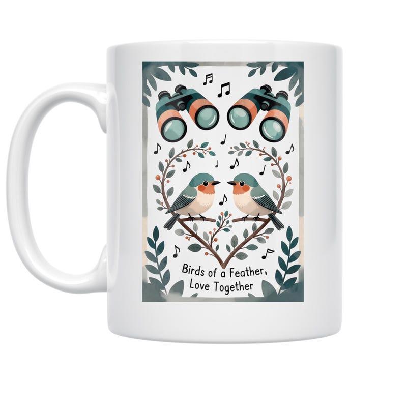 Tailorly White Ceramic 11 oz Mug - Birds Of A Feather Love Together Two Small Birds Sitting Inside A Heart Shaped Foliage Wreath Bird