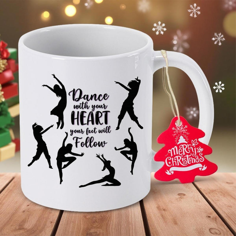Tailorly White Ceramic 11 oz Mug - Dance With Your Heart Your Feet Will Follow Elegant Black Figures Captured In Various Expressive And Graceful Ballet Poses
