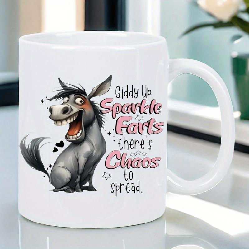 Tailorly White Ceramic 11 oz Mug - Giddy Up Sparkle Farts There Is Chaos To Spread Funny Laughing Animated Character With Hearts Under Playful Atmosphere Donkey