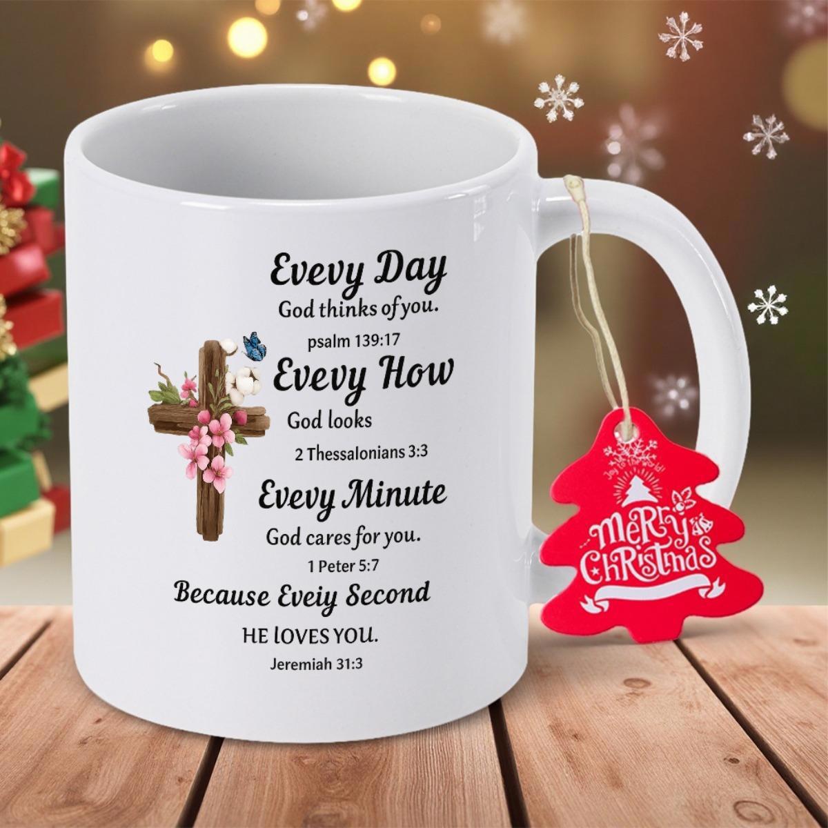 Tailorly White Ceramic 11 oz Mug - Every Day Every Hour Every Minute Every Second He Loves You Rustic Wooden Cross Adorned With Blooming Pink Flowers And Blue Bird