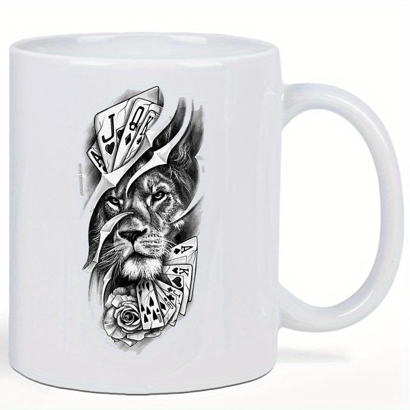 Tailorly White Ceramic 11 oz Mug - Majestic Lion Face Merged With Playing Cards And Elegant Blooming Rose Lion