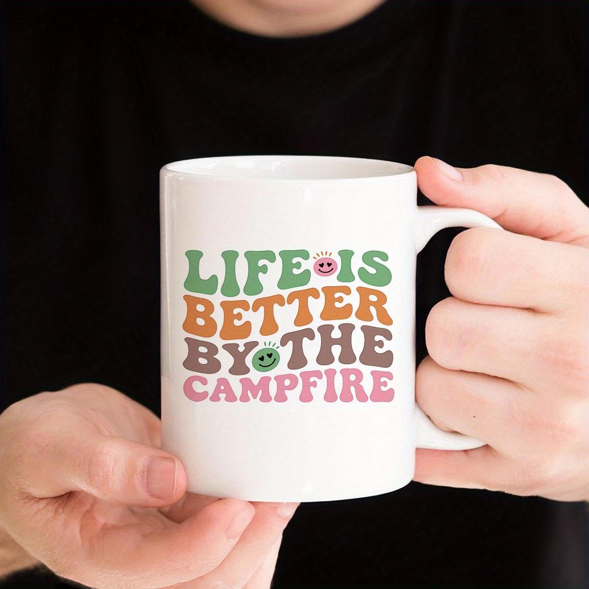 Tailorly White Ceramic 11 oz Mug - Life Is Better By The Campfire Retro Wavy Typography With Sun And Frog Symbols Mug