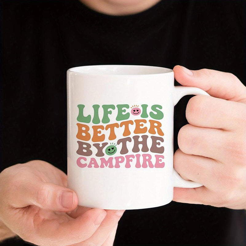 Tailorly White Ceramic 11 oz Mug - Life Is Better By The Campfire Retro Wavy Typography With Sun And Frog Symbols Mug