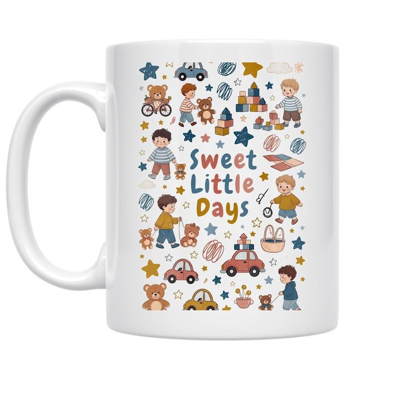Tailorly White Ceramic 11 oz Mug - Sweet Little Days Cute Cartoon Children Playing With Bears Cars And Stars Among Building Blocks Nursery