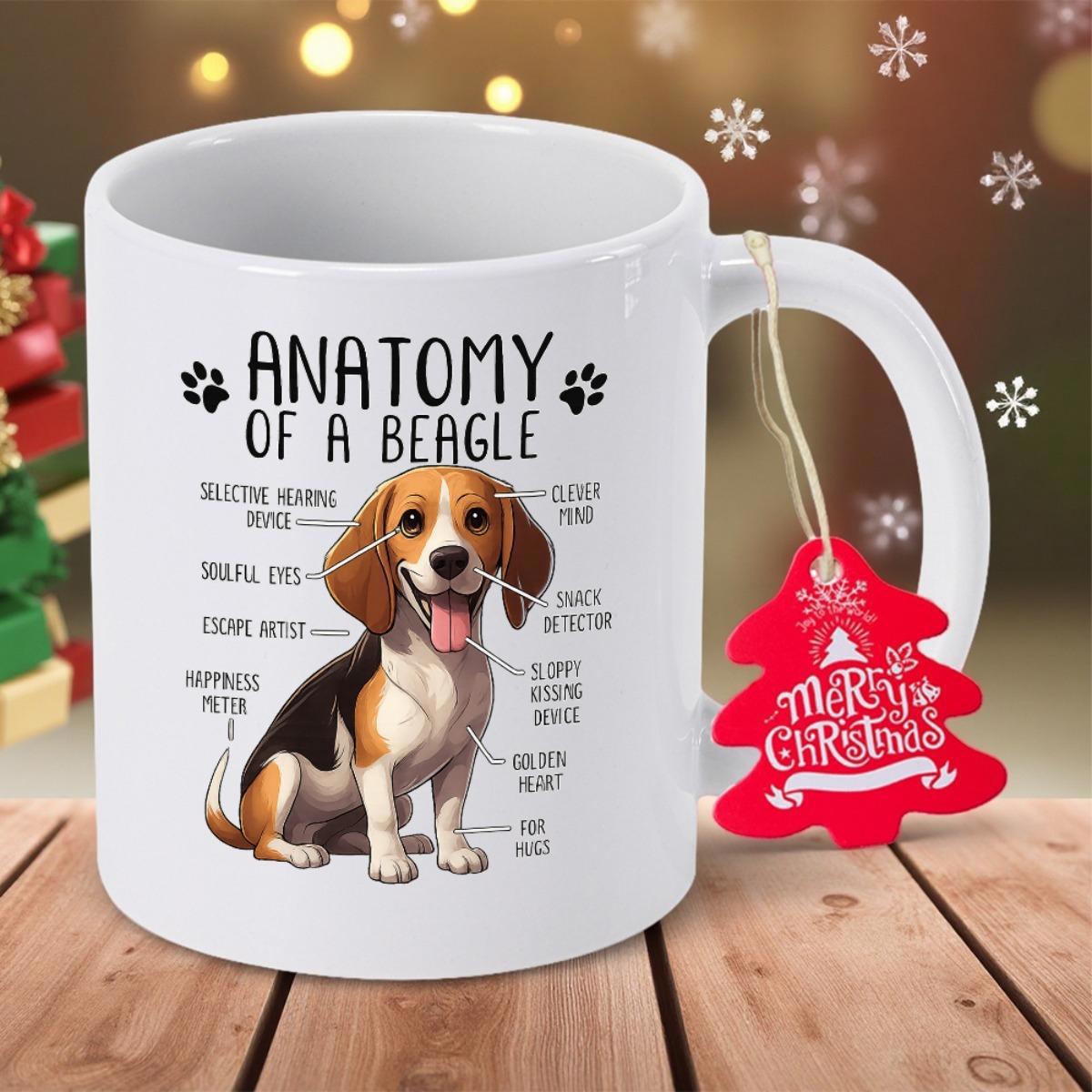 Tailorly White Ceramic 11 oz Mug - Anatomy Of A Beagle Happy Sitting Dog Featuring Humorous Anatomy Labels Over Clean White Beagle