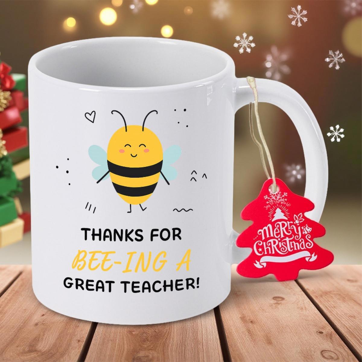 Tailorly White Ceramic 11 oz Mug - Thanks For Bee Ing A Great Teacher Cute Yellow Smiling Bumblebee Character Flying Beside A Small Heart Bee