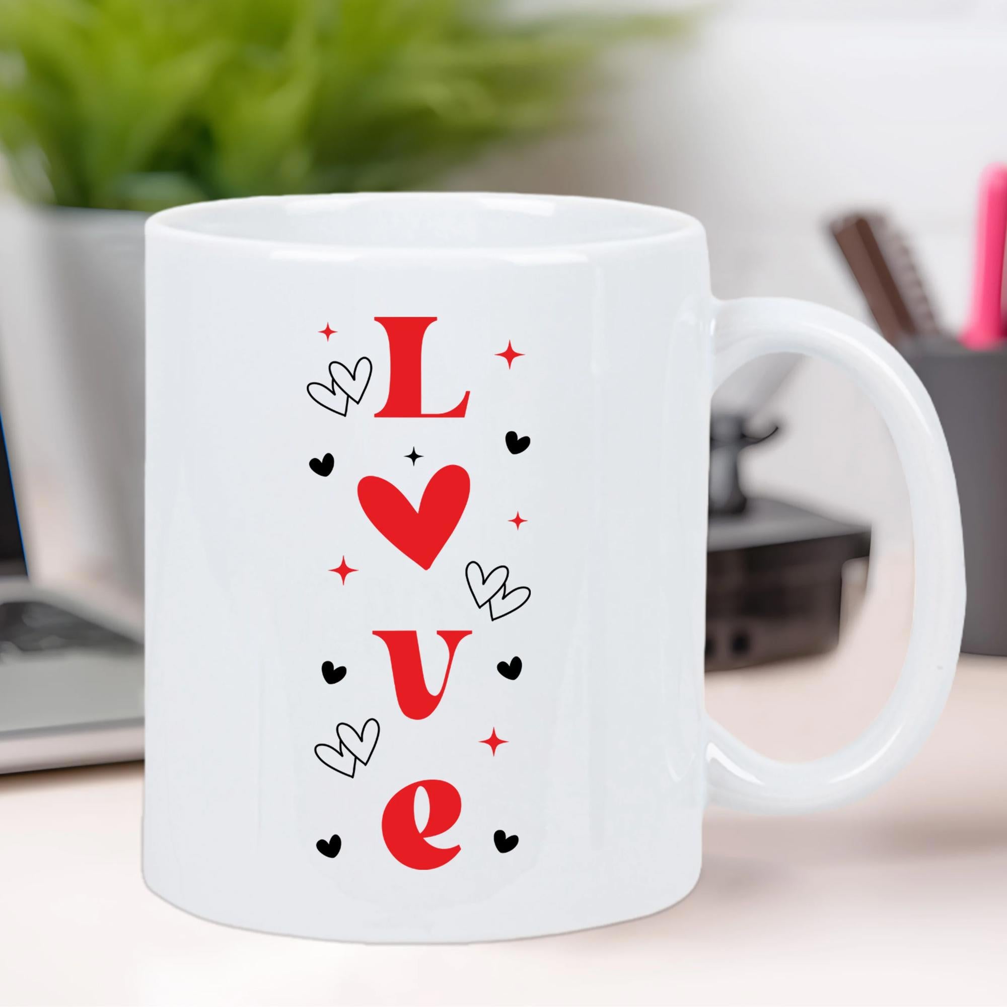 Tailorly White Ceramic 11 oz Mug - Love Vertical Red Script With Tiny Sparkles And Minimalistic Style Heart