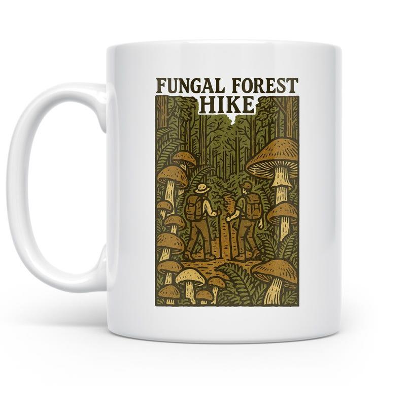 Tailorly White Ceramic 11 oz Mug - Fungal Forest Hike Retro Style Hikers Trekking Through Oversized Mushrooms In Dense Woodland Forest