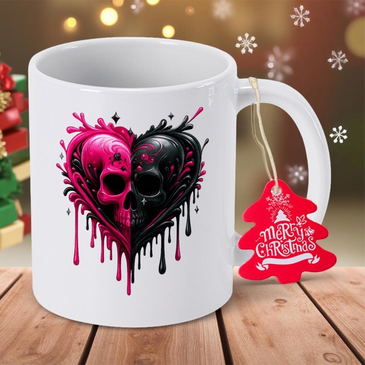 Tailorly White Ceramic 11 oz Mug - Merry Christmas Intricate Pink And Black Gothic Skulls Forming A Splattered Heart