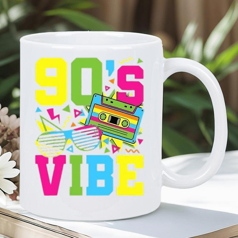 Tailorly White Ceramic 11 oz Mug - 90S Vibe Colorful Retro Cassette Tape With Neon Shutter Shades Among Geometric Patterns Tape