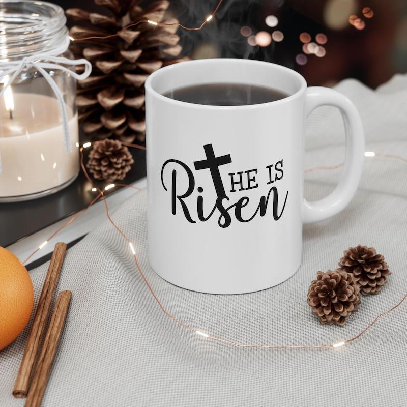 Tailorly White Ceramic 11 oz Mug - He Is Risen Minimalist Religious Symbol Featuring A Bold Black Christian Cross Design Cross