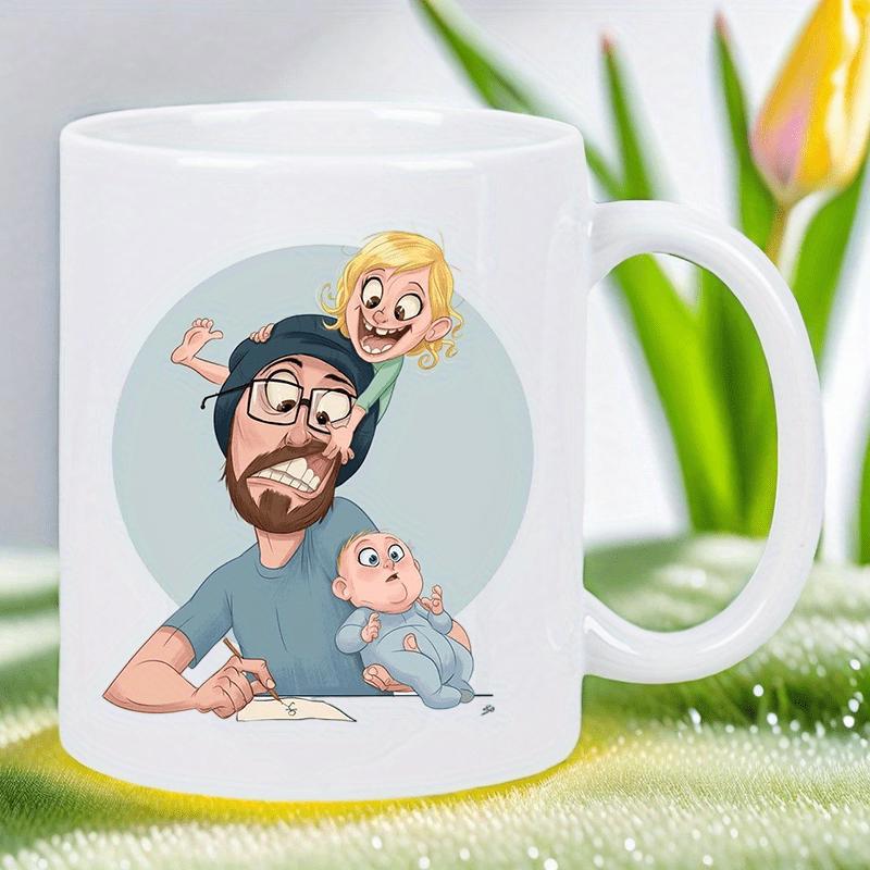 Tailorly White Ceramic 11 oz Mug - Whimsical Cartoon Illustration With Two Small Children Surrounding A Playful Father
