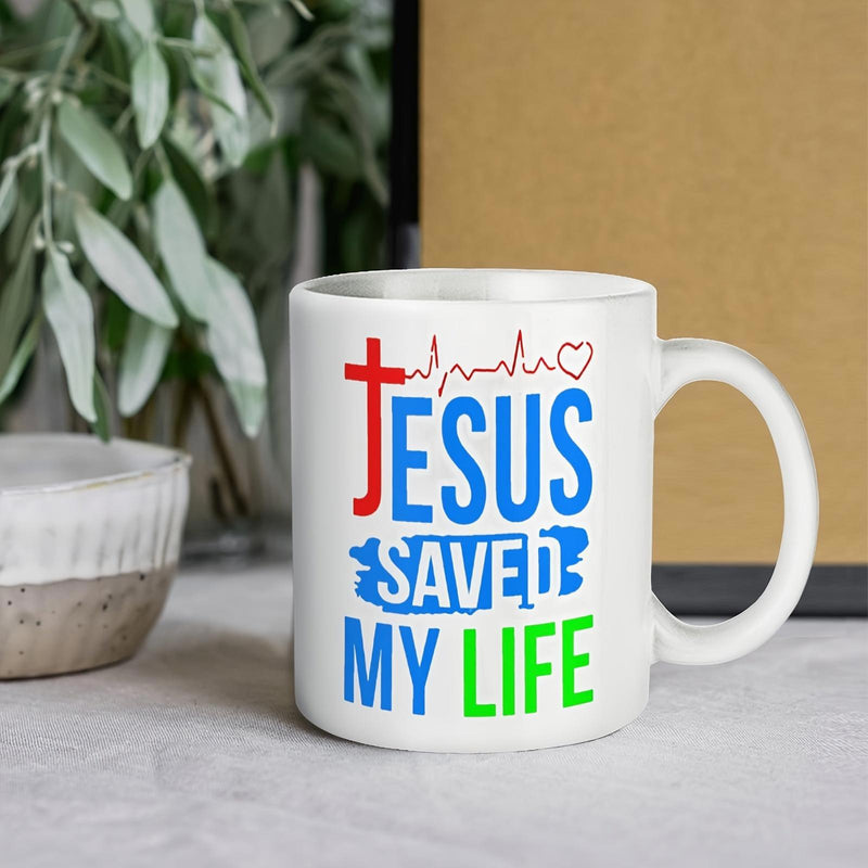 Tailorly White Ceramic 11 oz Mug - Jesus Saved My Life Vibrant Red Religious Cross With Artistic Heartbeat Pulse And Small Heart Cross
