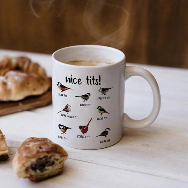 Tailorly White Ceramic 11 oz Mug - Nice Tits Various Small Garden Songbirds Resting On White Background Birds