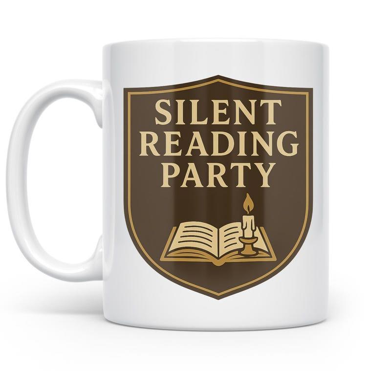 Tailorly White Ceramic 11 oz Mug - Silent Reading Party Classic Brown Shield Featuring An Open Book And Glowing Lit Candle Shield