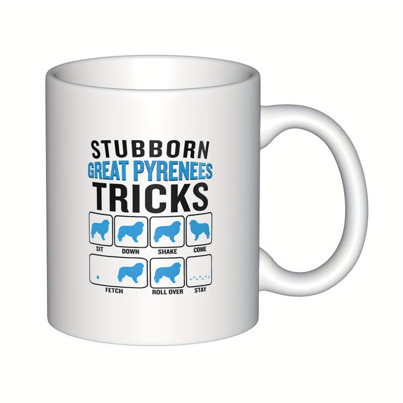 Tailorly White Ceramic 11 oz Mug - Stubborn Great Pyrenees Tricks Minimalist Blue Canine Silhouettes Standing Within Small Squared Boxes On White Surface Dog