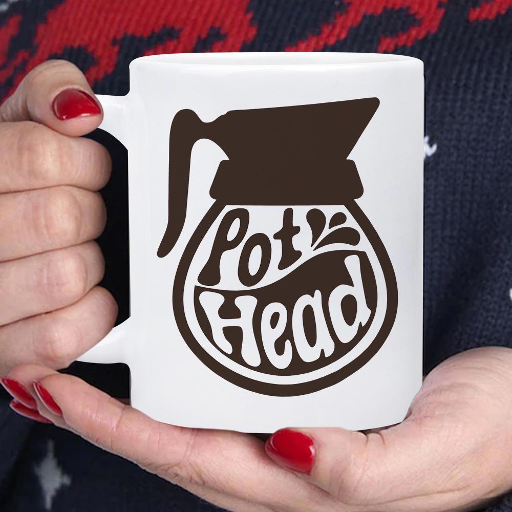 Tailorly White Ceramic 11 oz Mug - Pot Head Retro Groovy Lettering Within Simple Dark Coffee Pot Silhouette Carafe