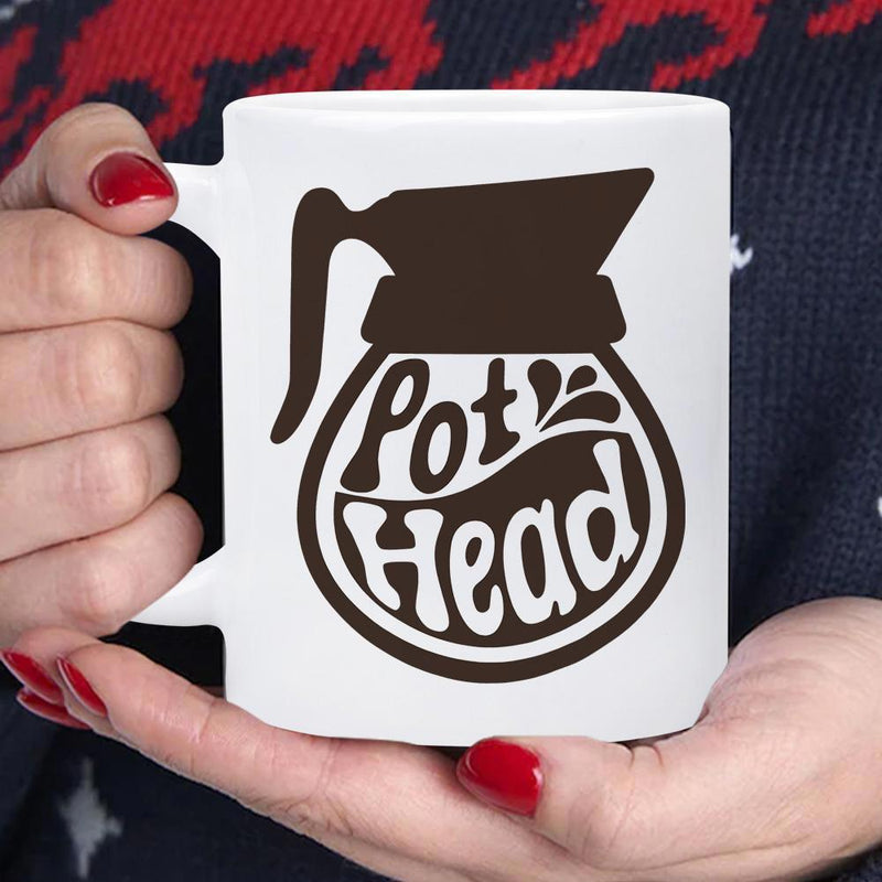 Tailorly White Ceramic 11 oz Mug - Pot Head Retro Groovy Lettering Within Simple Dark Coffee Pot Silhouette Carafe