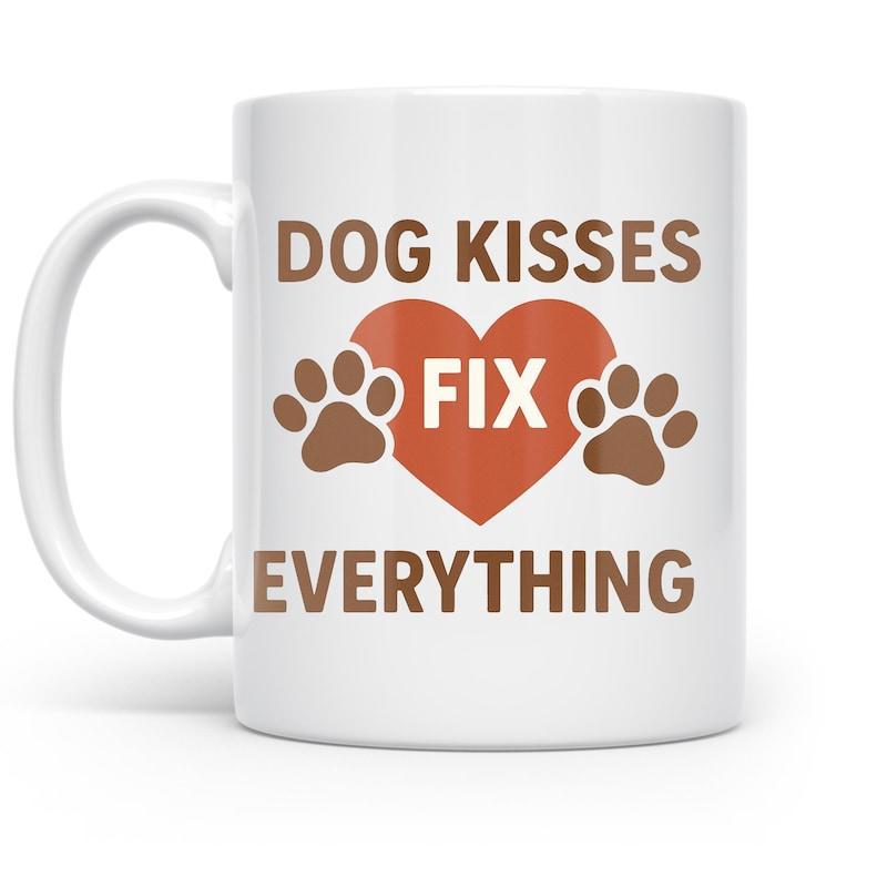 Tailorly White Ceramic 11 oz Mug - Dog Kisses Fix Everything Warm Red Heart Between Two Brown Paw Prints On Simple