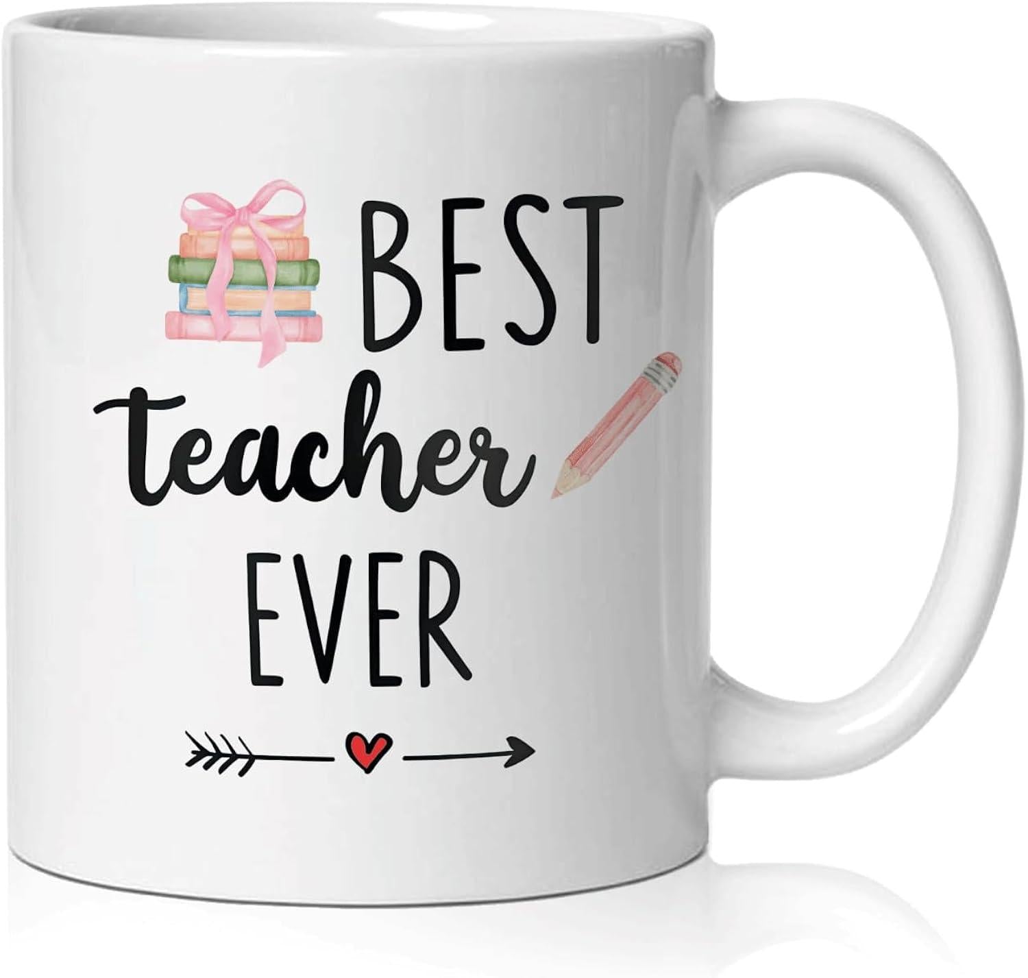 Tailorly White Ceramic 11 oz Mug - Best Teacher Ever Stacked Educational Books Wrapped With Pink Ribbon And Wooden Pencil Mug