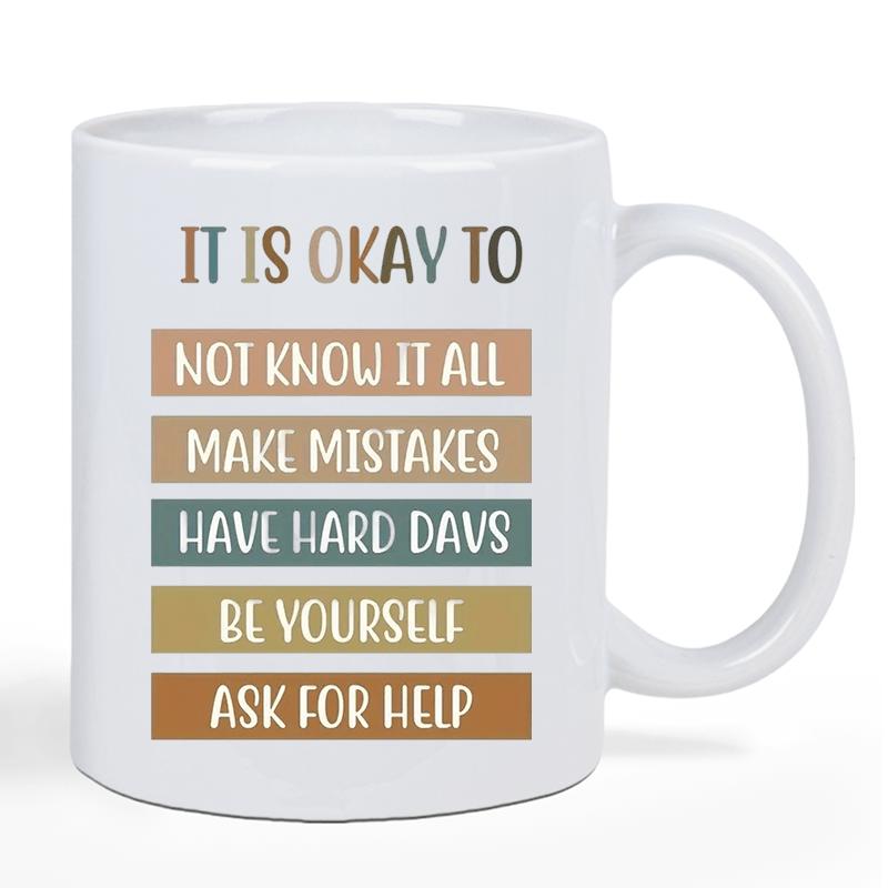 Tailorly White Ceramic 11 oz Mug - It Is Okay To Be Yourself Minimalist Earth Tone Horizontal Color Bars Arranged In Rows Sign