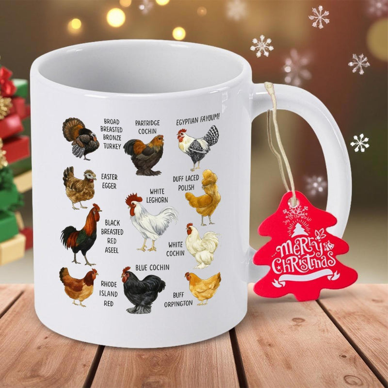 Tailorly White Ceramic 11 oz Mug - Various Colorful Poultry Breeds Standing Together In Rows Rooster
