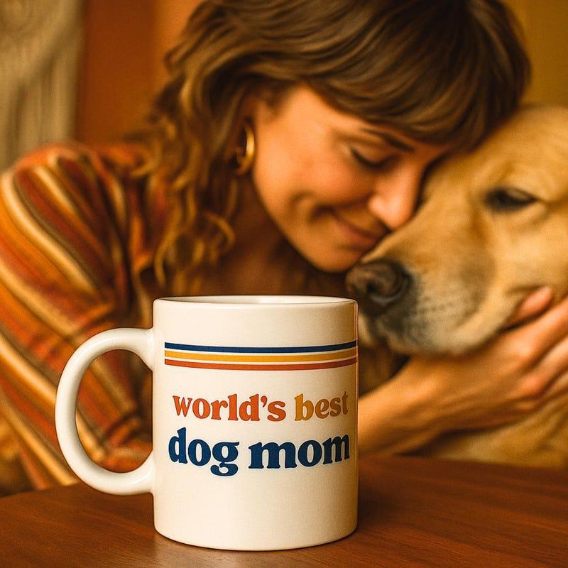 Tailorly White Ceramic 11 oz Mug - Worlds Best Dog Mom Loving Woman Embracing Loyal Golden Retriever Amidst Warm Cozy Home Atmosphere Dog