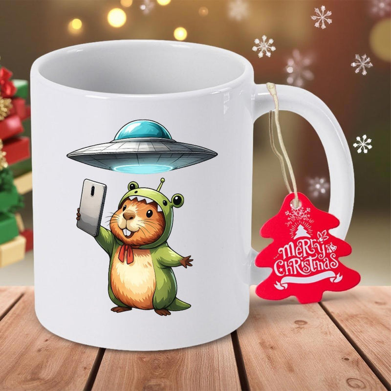 Tailorly White Ceramic 11 oz Mug - Funny Cartoon Character In Costume Taking Selfie Under Mysterious Hovering Spacecraft Capybara