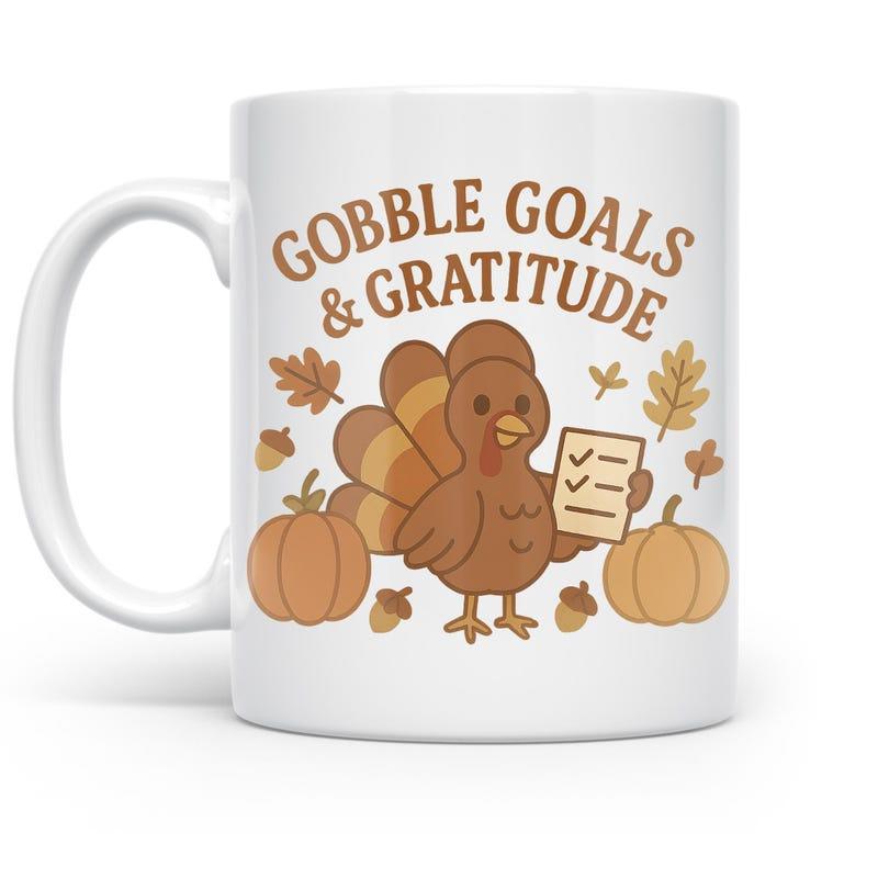 Tailorly White Ceramic 11 oz Mug - Gobble Goals Gratitude Whimsical Cartoon Character Holding Checklist Between Pumpkins And Falling Autumn Leaves Turkey