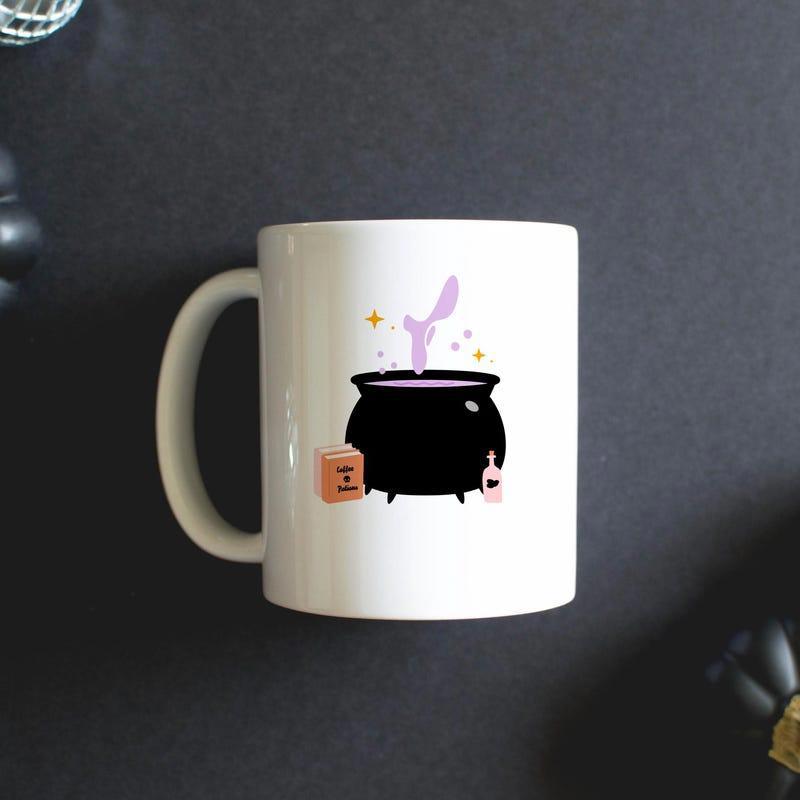 Tailorly White Ceramic 11 oz Mug - Mystical Black Witch Pot Boiling With Purple Magic Smoke And Stars Cauldron
