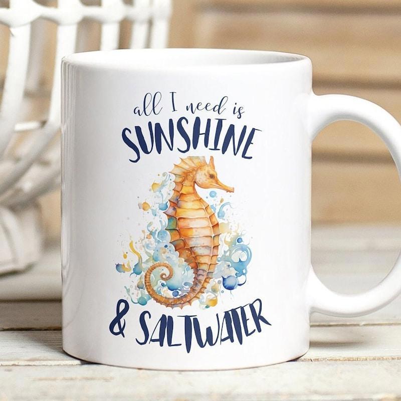 Tailorly White Ceramic 11 oz Mug - All I Need Is Sunshine Saltwater Vibrant Watercolor Seahorse Swimming Gracefully Amidst Blue Bubbles And Splashes Seahorse