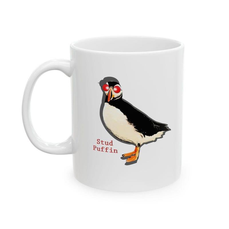 Tailorly White Ceramic 11 oz Mug - Stud Puffin Charming Sea Bird Wearing Stylish Red Sunglasses On White Surface Puffin