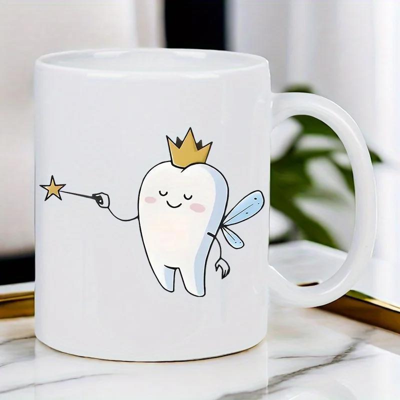 Tailorly White Ceramic 11 oz Mug - Adorable Cartoon Character Wearing Golden Crown Holding Star Magic Wand Tooth