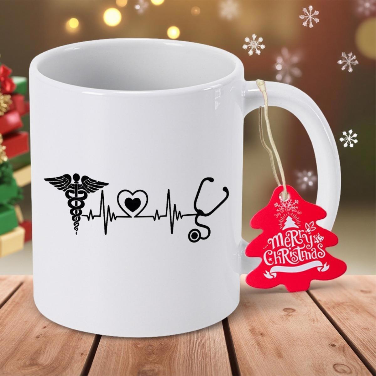 Tailorly White Ceramic 11 oz Mug - Medical Symbols With Caduceus Heart And Heartbeat Line Showing Healthcare Passion Stethoscope