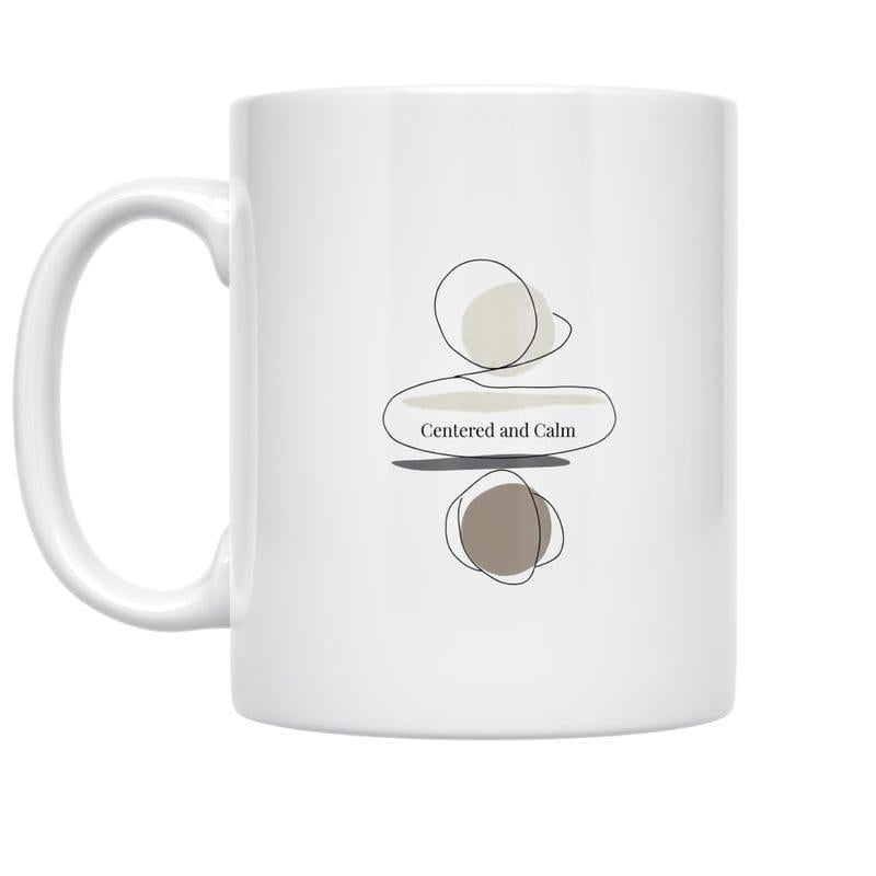 Tailorly White Ceramic 11 oz Mug - Centered And Calm Minimalist Line Art With Earthy Muted Tones Depicting Zen Balanced Stones