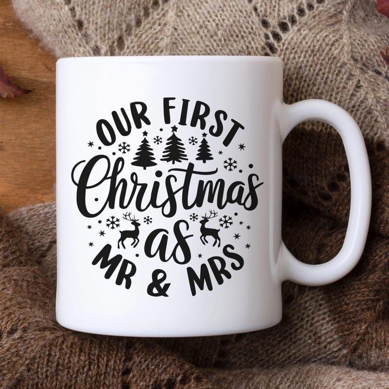 Tailorly White Ceramic 11 oz Mug - Our First Christmas As Mr Mrs Festive Pine Trees And Reindeer Silhouettes Among Snowflakes Mug