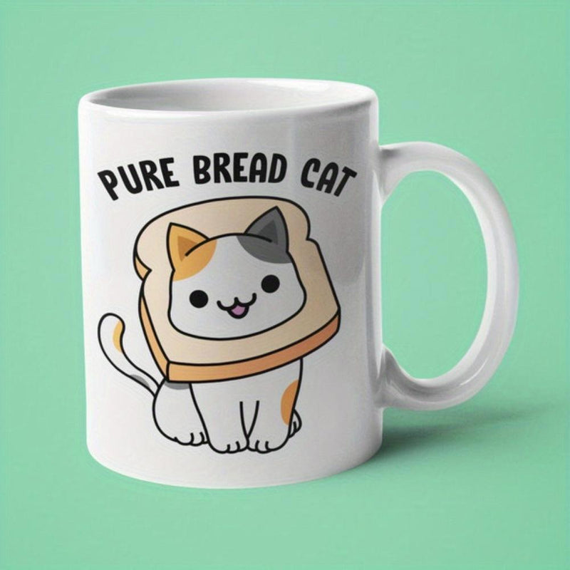 Tailorly White Ceramic 11 oz Mug - Pure Bread Cat Cute Calico Kitten Wearing A Slice Of Toasted Wheat Bread Cat