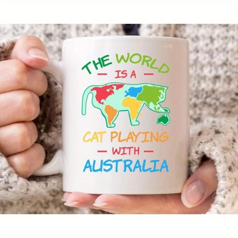 Tailorly White Ceramic 11 oz Mug - The World Is A Cat Playing With Australia Colorful World Map Shaped Like A Playful Pouncing Feline Silhouette Cat