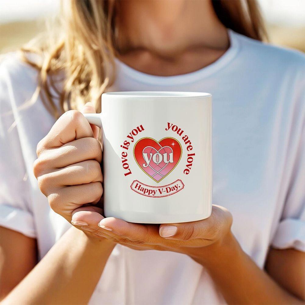 Tailorly White Ceramic 11 oz Mug - Love Is You You Are Love Happy V Day Vibrant Red Heart With Soft Pink Gradient Under Artistic Text Heart