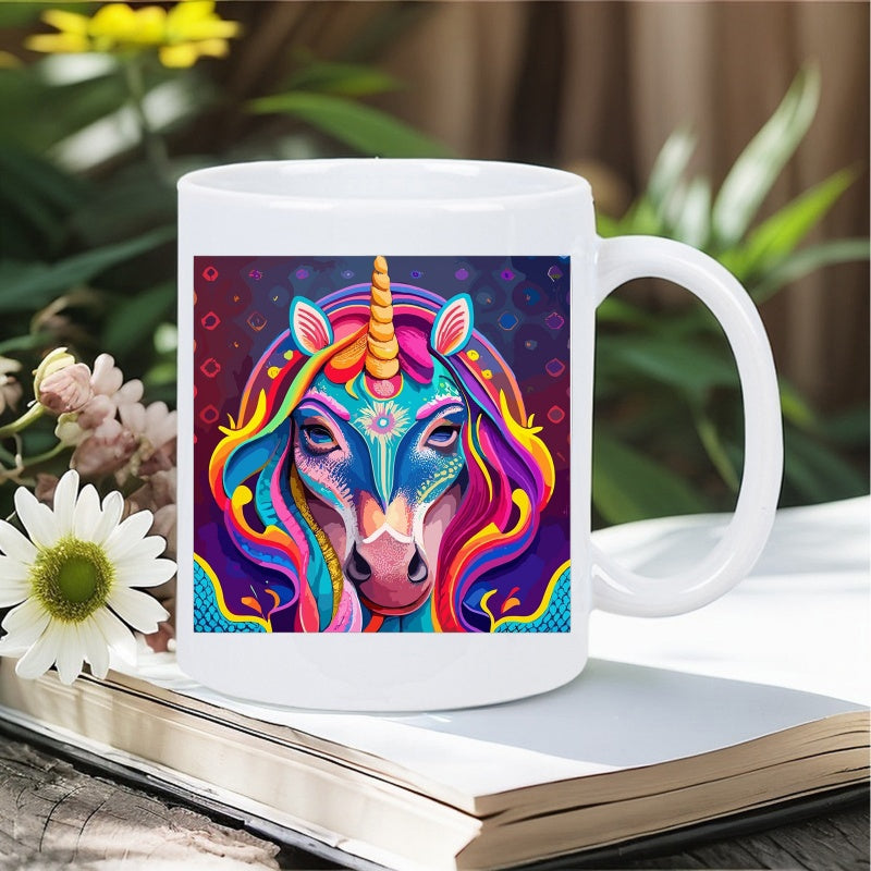 Tailorly White Ceramic 11 oz Mug - Vibrant Colorful Psychedelic Mane With Spiral Horn And Sacred Geometry Pattern Unicorn