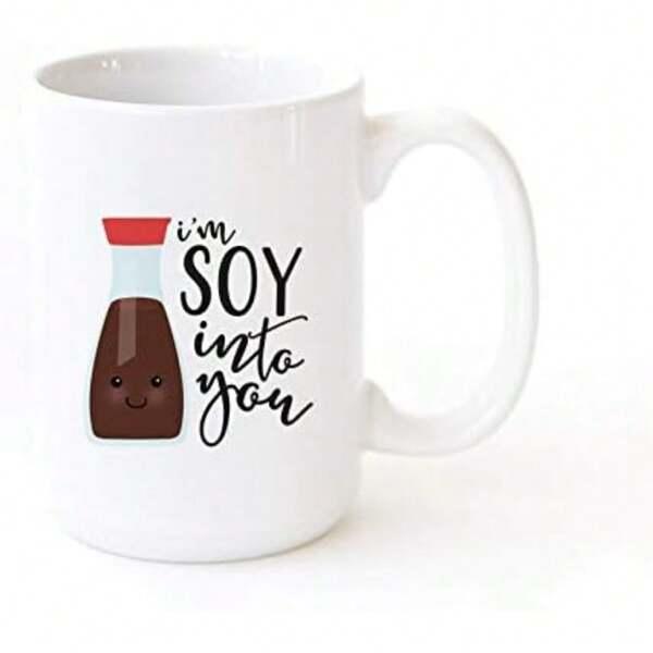Tailorly White Ceramic 11 oz Mug - I'm Soy Into You Adorable Cartoon Glass Soy Sauce Container With Red Lid Smiling Face Bottle