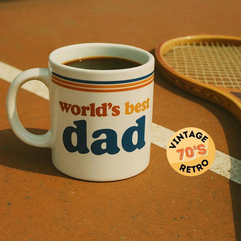 Tailorly White Ceramic 11 oz Mug - World S Best Dad Vintage 70s Retro White Ceramic Cup Featuring Classic Stripes On Sunlit Professional Court Mug
