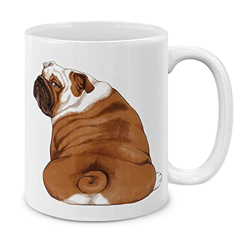 Tailorly White Ceramic 11 oz Mug - Chubby English Bulldog Sitting With Its Back Turned And Looking Over Shoulder Bulldog